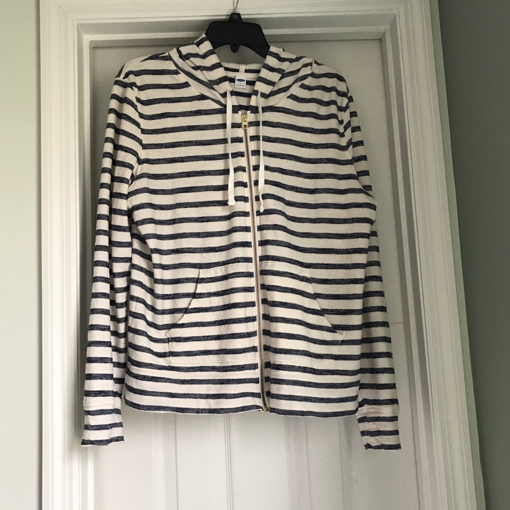 Striped Zip Up Hoodie Navy Blue and Cream